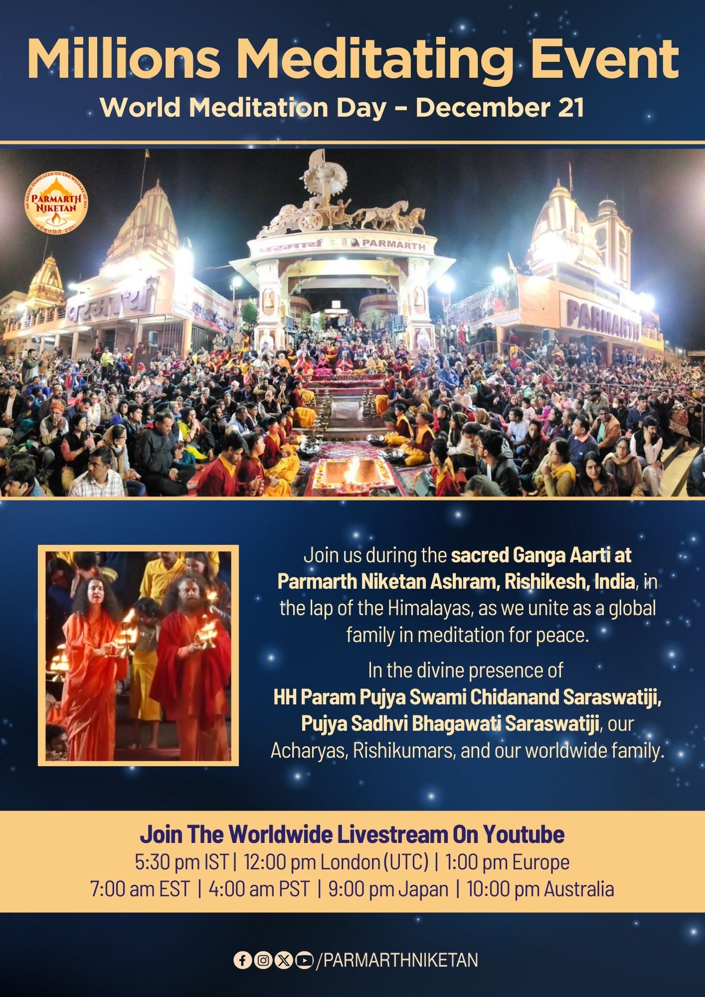 Millions Meditating: Sacred Ganga Aarti at Parmarth Niketan Ashram, Rishikesh, India